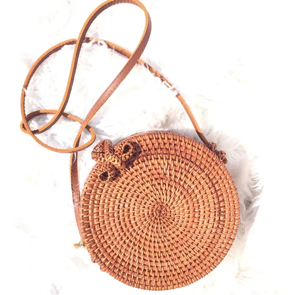 Woven Round Crossbody Bag in Tan - Picture 1 of 6